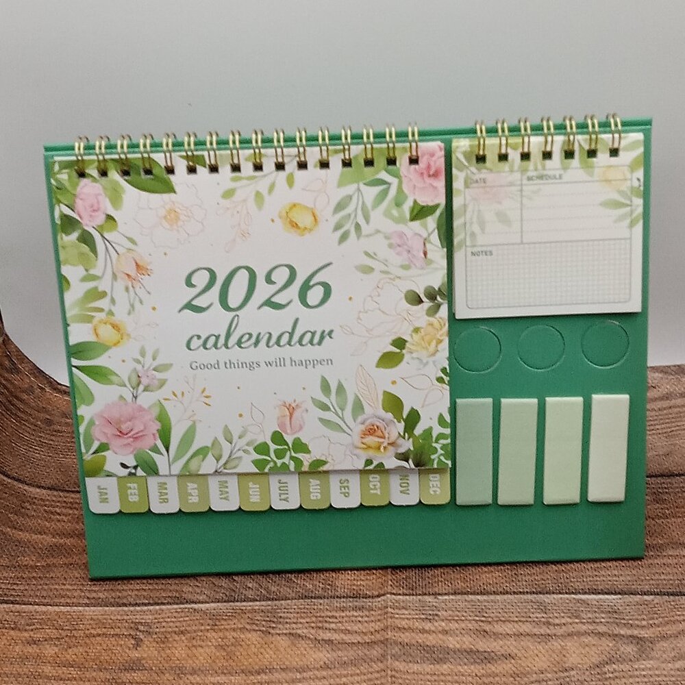 Desktop CALENDAR Small Flip Cardboard Desk SET w/Notes Sticker Tabs GREEN FLORAL